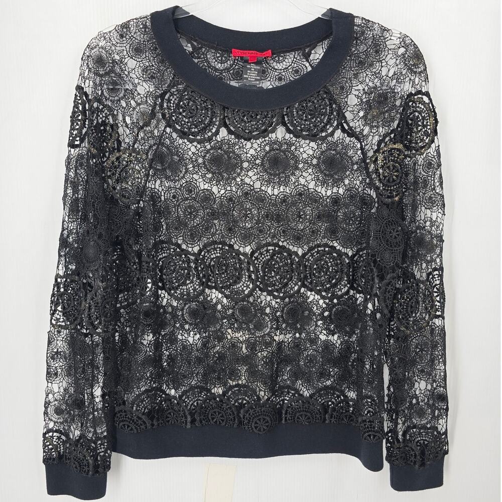 Vivienne Tam Sheer Black Medallion Lace Top Metallic Gold Dark Romantic Goth 6